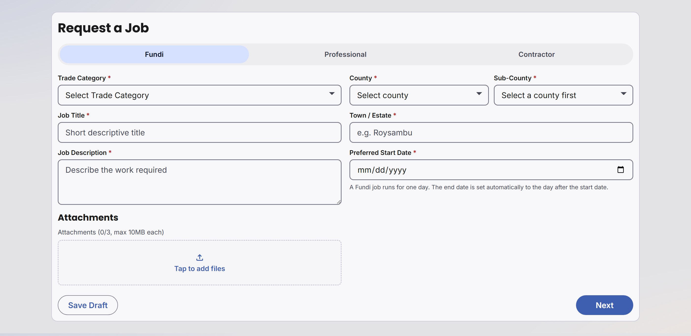 The JaGedo job request form, with a tab for each provider type