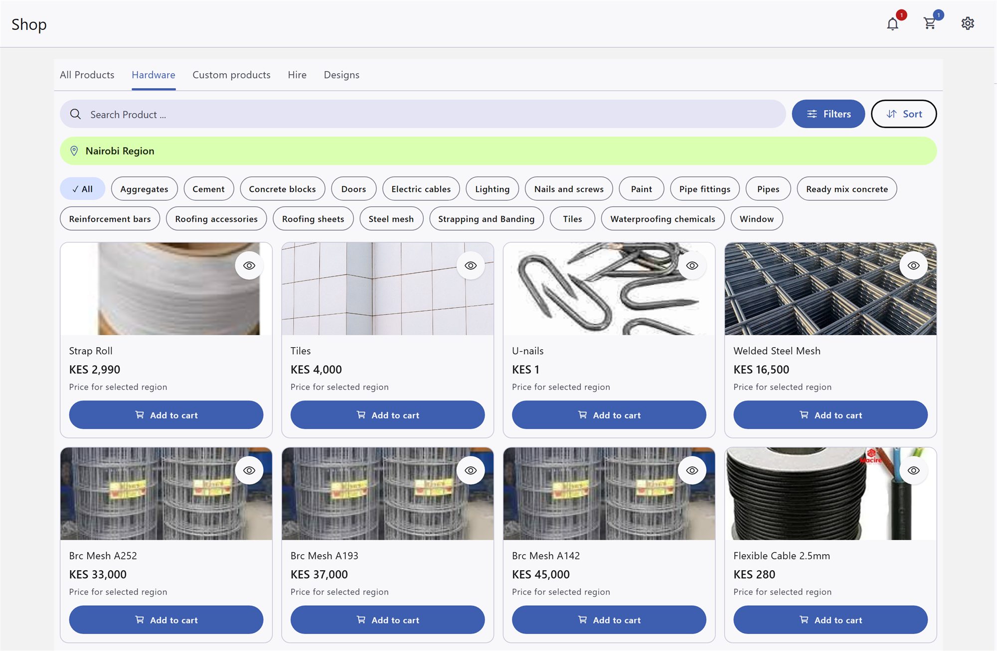 The JaGedo Shop, Hardware category, showing building materials priced for the Nairobi region